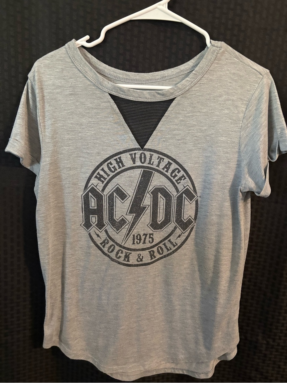 AC/DC Light Gray High Voltage Logo Women's Tee with Mesh V Insert